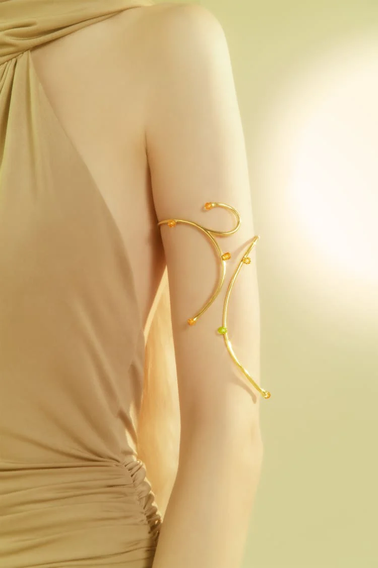 Gold Arm Cuff with Opal and Topaz Crystals - Image 2