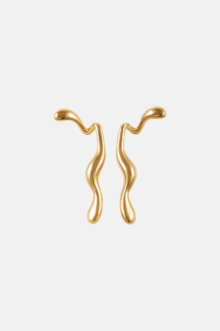 gold liquid earrings that hook around the ears