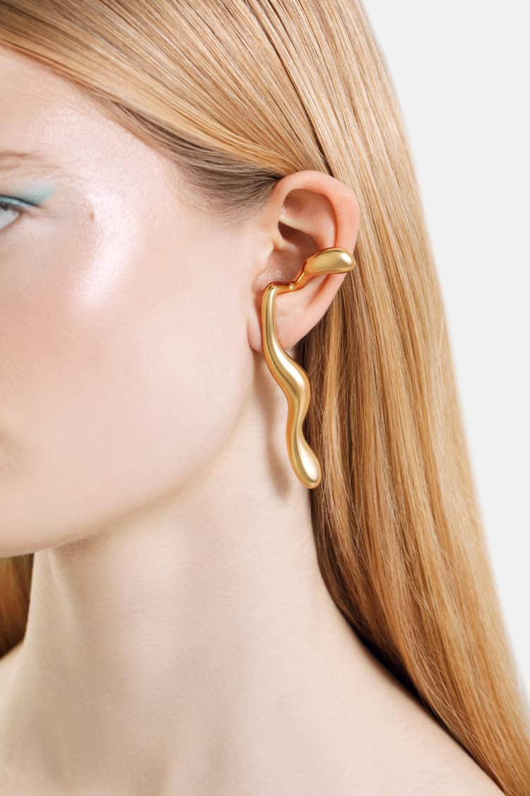 gold liquid earrings that hook around the ears - Image 2
