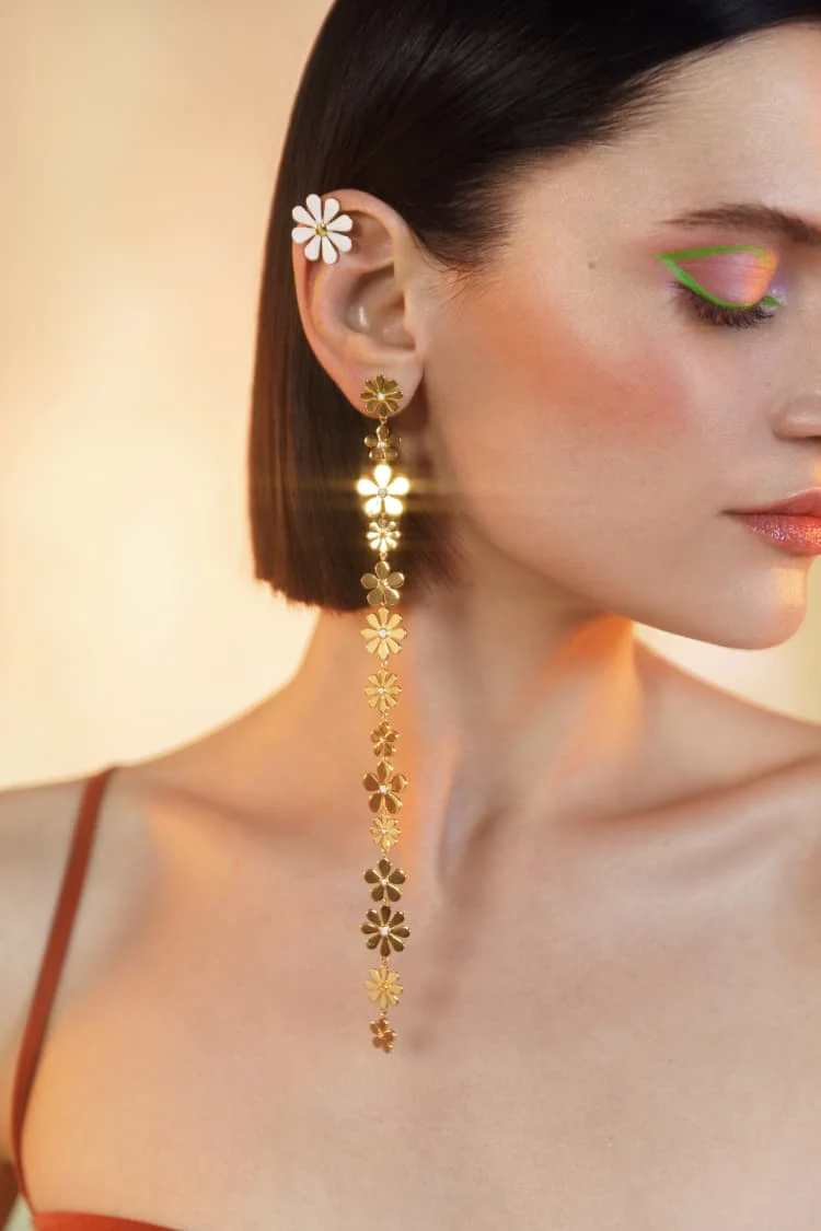 Gold and White Long Daisy Earring - Image 3