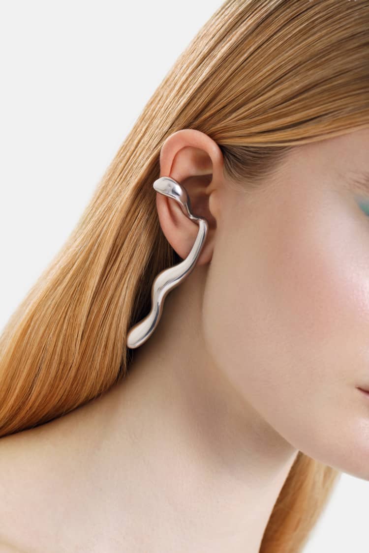 silver liquid earrings that hook around the ears - Image 2